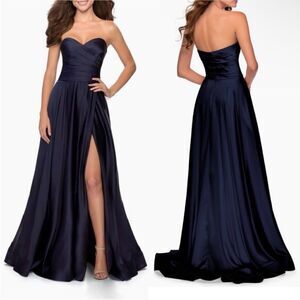 La Femme 28608 Strapless Slit Satin Ballgown sweetheart navy Size 14 NWT